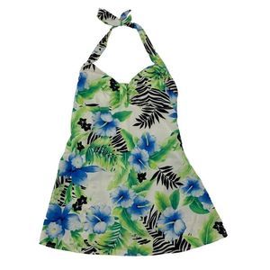 White Stag One Piece SwimSuit Dress Size Large Orchid print 2493 Modesty Halter